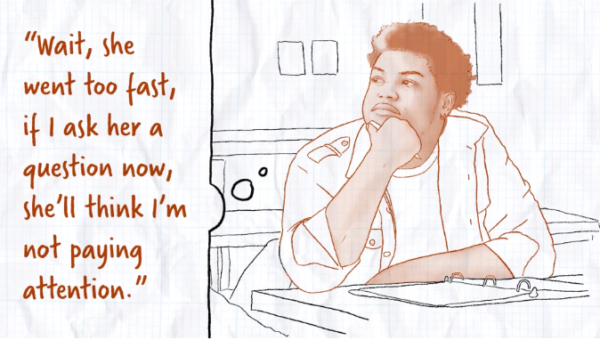 An illustration of a high-school age student rubbing his chin at a classroom desk, with a thought bubble that reads: “Wait, she went too fast, if I ask her a question now, she’ll think I’m not paying attention.”
